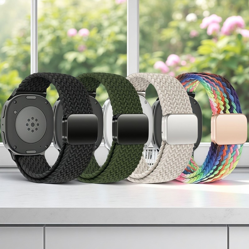 适用于三星GalaxyWatch8尼龙编织回环金属四点磁吸扣透气运动表带|undefined