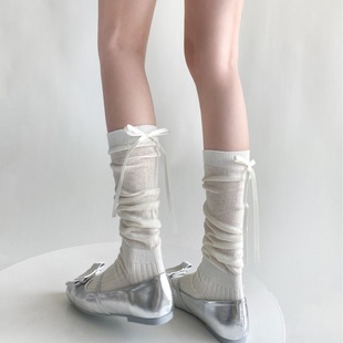 Spring and Summer slightly transparent hollow pile socks calf socks women's heel ribbon bow ballet style thin Korean style
