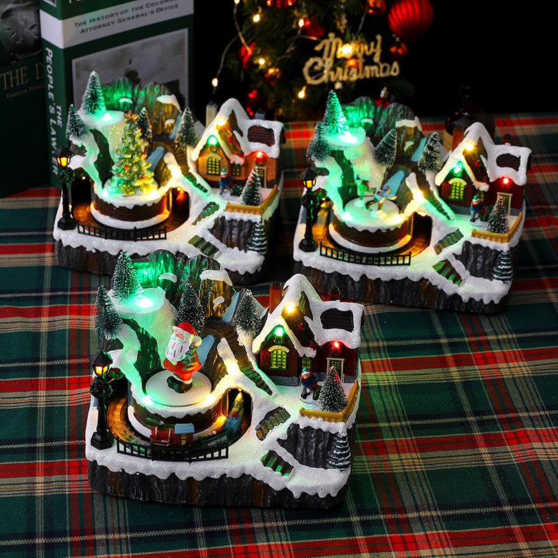 クリスマス装飾品発光オルゴール置物クリスマスプレゼントヨーロッパ式ダブル回転電車サンタクロース置物|undefined