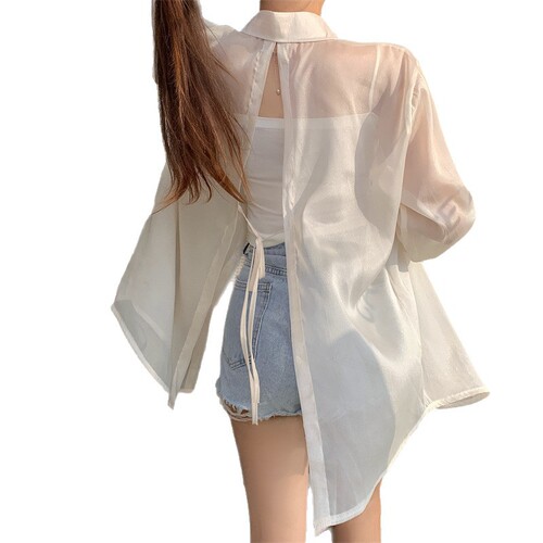 Ice Silk Open Cardigan for Petite Women - Loose, Lightweight, Long-Sleeved Sun Protective Shirt with Summer Design, Back Split Collar Top