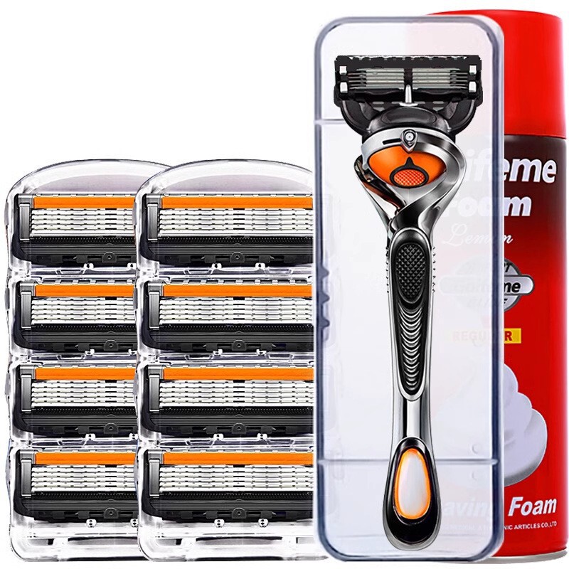 Cross-Border Five-Layer Manual Razor, Orange-Black 2025 Model, Men's Traditional Razor with Rotating Blade Holder, Universal 5-Layer Blades