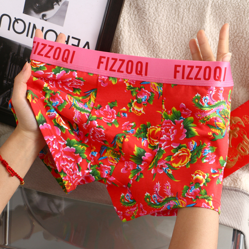 Pareja de hombres boxer triángulo de mujer pantalones de pijama de algodón cintura media noreste flor grande impresa ropa interior de moda transpirable pantalones de pijama de contracción del vientre