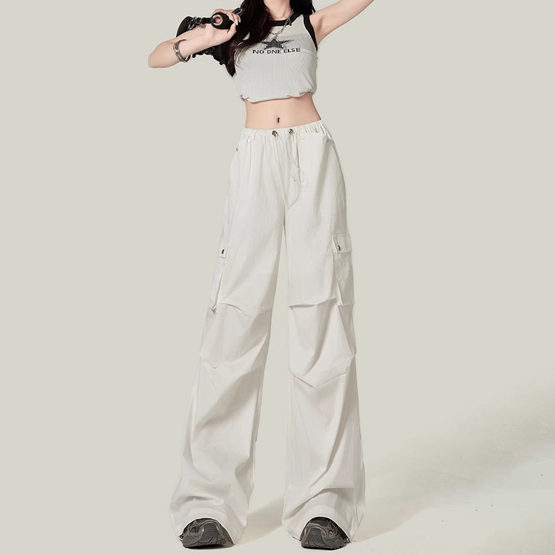 American Style Design Sense Wide-leg Pants Women's 2025 New High Waist Wide-leg Pants Loose Casual Pants Drawstring Long Pants