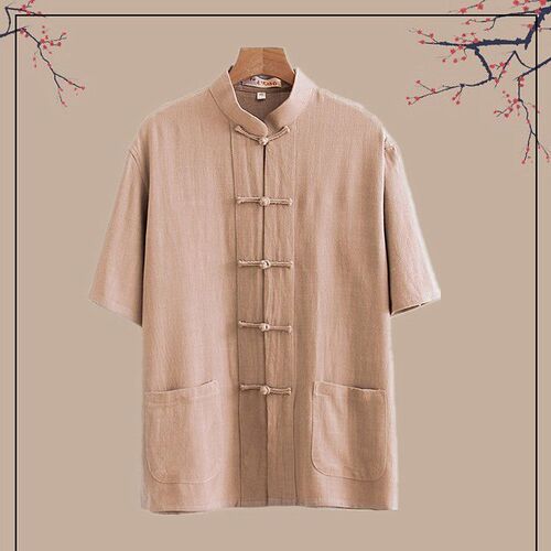 Chinese-style cotton linen short-sleeve men's Tang suit summer youth cotton linen top vintage buttoned collared shirt monastic attire