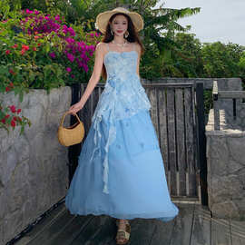 海边度假穿搭蓝色碎花吊带上衣网纱半身裙显瘦套装女夏