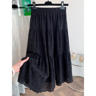 Real shot 2025 summer new chubby girl French hollow jacquard three-layer A- line cake skirt elastic waist skirt