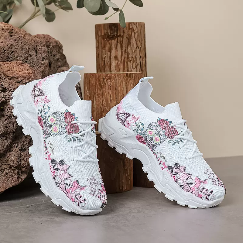 2025春秋新款速卖通外贸大码女休闲单鞋temu花朵图案坡跟运动女鞋