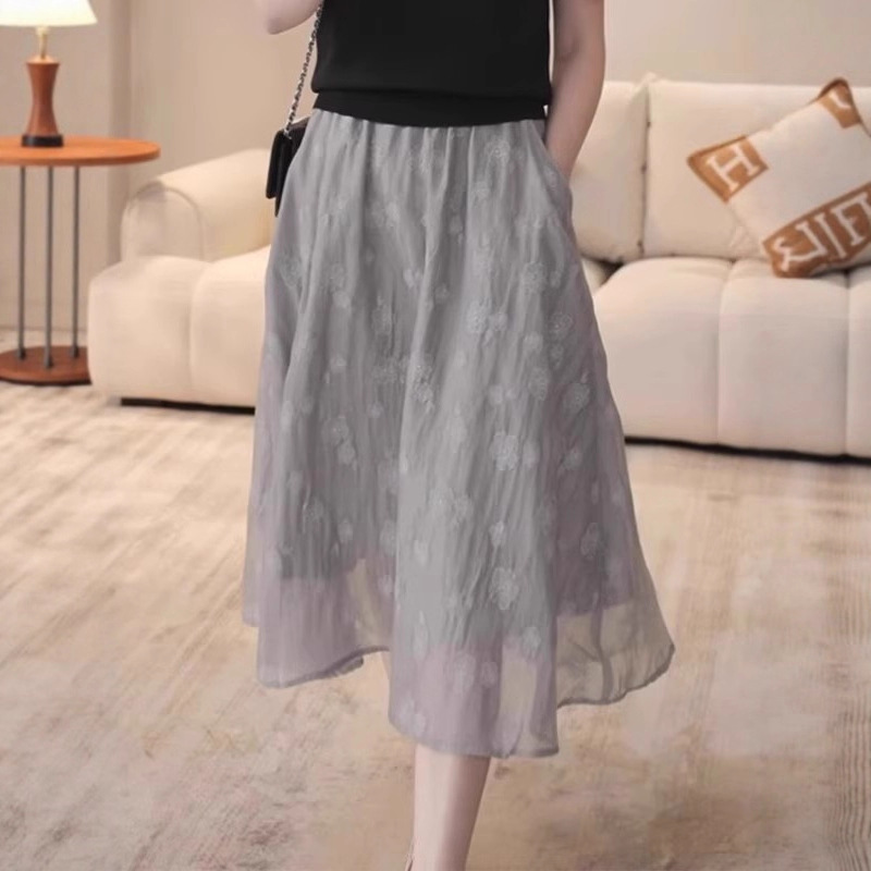 2025 Summer Design Sense Fashion Gray Printed Skirt Versatile Elegant Western Style Age-Reducing A-Line Skirt Ins Trend