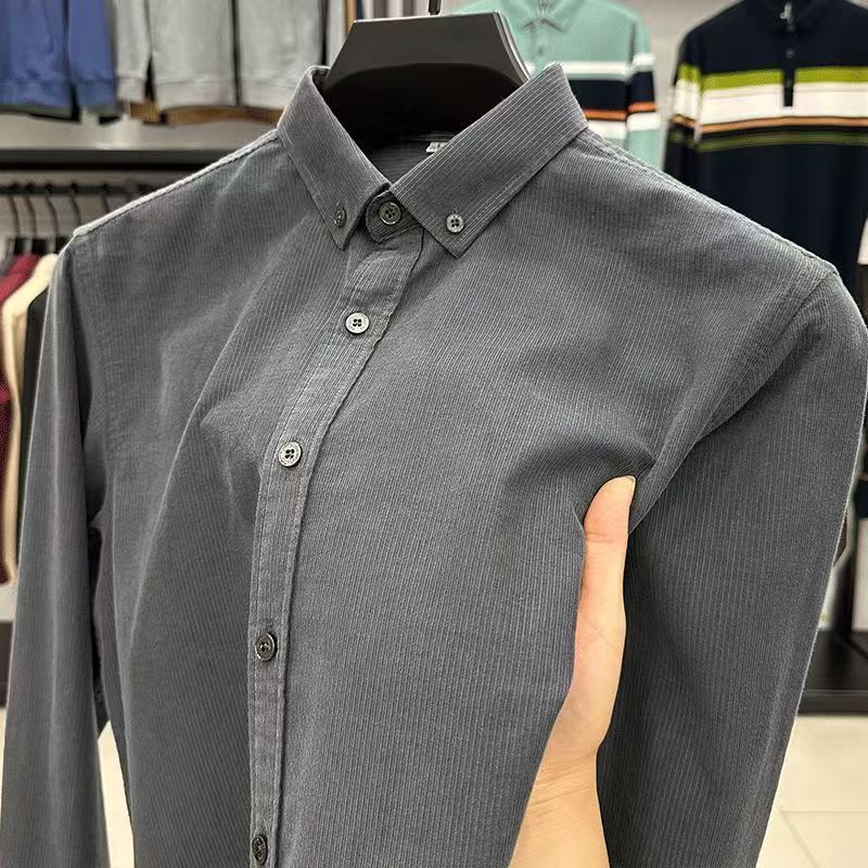2025 Spring and Autumn New Corduroy Men's Long Sleeve Shirt Solid Color Casual Shirt Trendy Men's Shirt