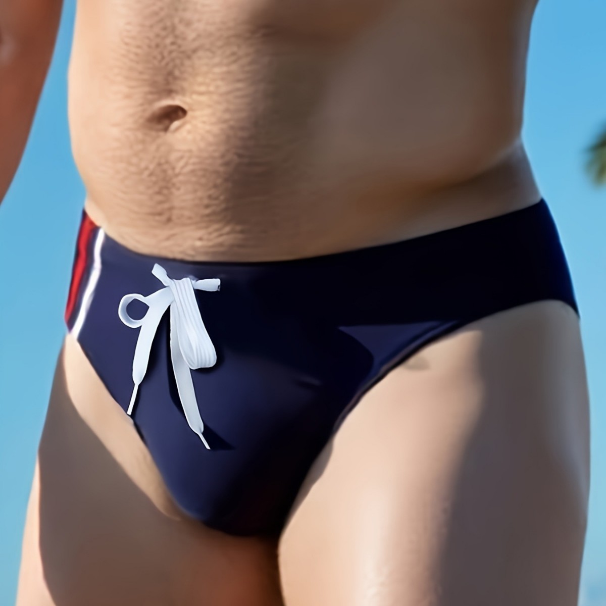 New Swimming Beach Daily Triangle Drawstring Lace-Up Fashionable and Personalized Men's Side Striped Low-Waist Tight Swimming Trunks