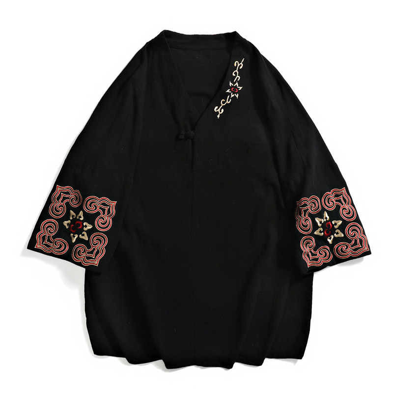 Chinese Style New Retro Embroidered V Neck Button T-Shirt Antique Style Three-Quarter Sleeves A087-1-Ym617-555 Control 65