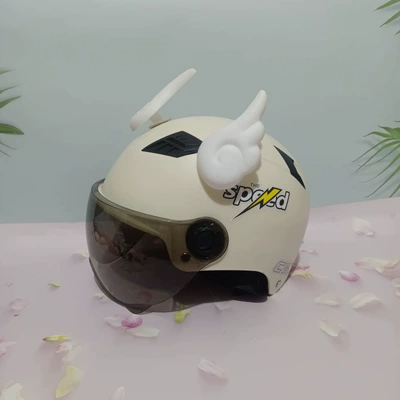 Electric Motorcycle Sunscreen Half Helmet | Motosiklet kaskı (dəbilqə) - harley-style-off-white-sunscreen-short-white-wings-adult-model-comes-with-lightning-stickers