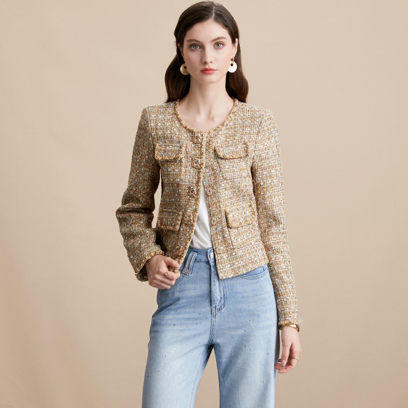 Tweed Style Golden Tweed Round Neck Short Jacket for Women 2025 Autumn and Winter New Style Celebrity Accessible Luxury Slimming Look Top