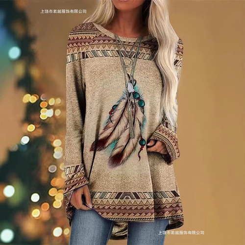Independent station Western and Eastern best-selling women's loose T-shirt Western style round neck printed women's long-sleeved top