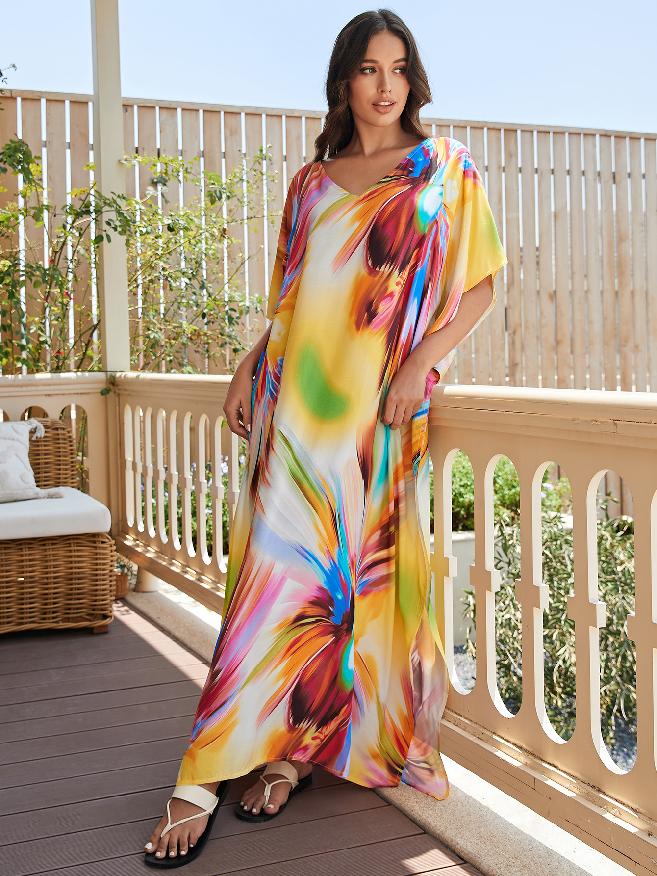 Rochie de plajă lungă kimono dama boho viscoză tie-dye_voghion.com