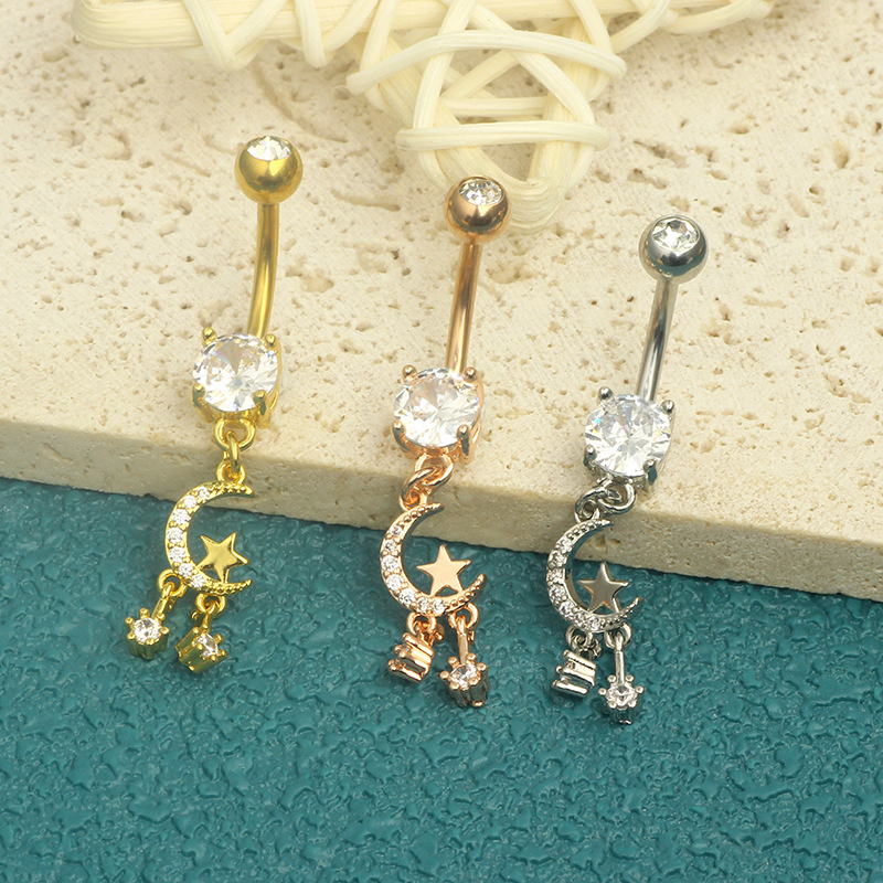 Star Moon CZ Stainless Steel Belly Button Ring Dangle Navel Piercing Jewelry Rose Gold detail image 7