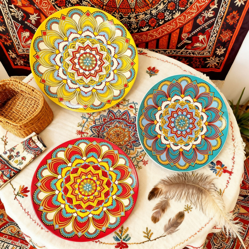 Bohemian Style Ceramic Decorative Plate Exotic Pattern Dinner Plate Ornaments Retro Ethnic Style Ceramic Plate Set
