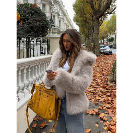 欧美跨境外贸2025冬季新款女装时尚百搭保暖连帽仿皮草短款外套女