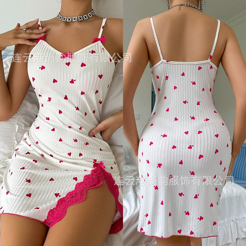 Cross-Border Popular Printed Home Wear Pajamas for Women, Summer Lace Trim Sexy Lingerie, Slit Slip Dress Nightgown Wholesale