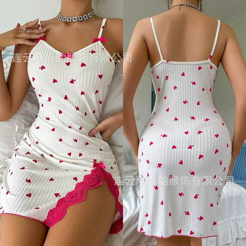 跨境热销款欧美风心形印花撞色家居服吊带裙睡衣女夏开叉蕾丝花边