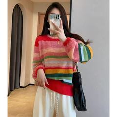 氛围感缤纷渐变羊毛细软亲肤条纹圆领毛衣V领开衫女25秋Y0902J