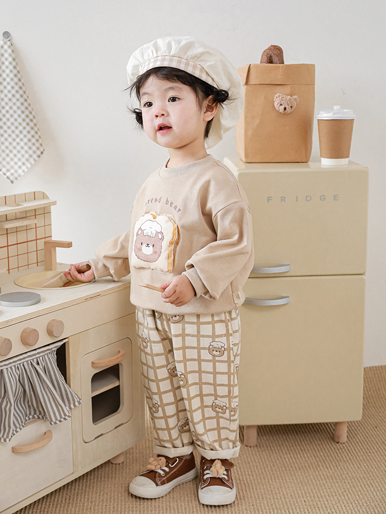 Qiu Duo Meng Children's Bread Bear Overalls Baby Cartoon Sweater Set 2025 Spring and Autumn Girls Casual Pants