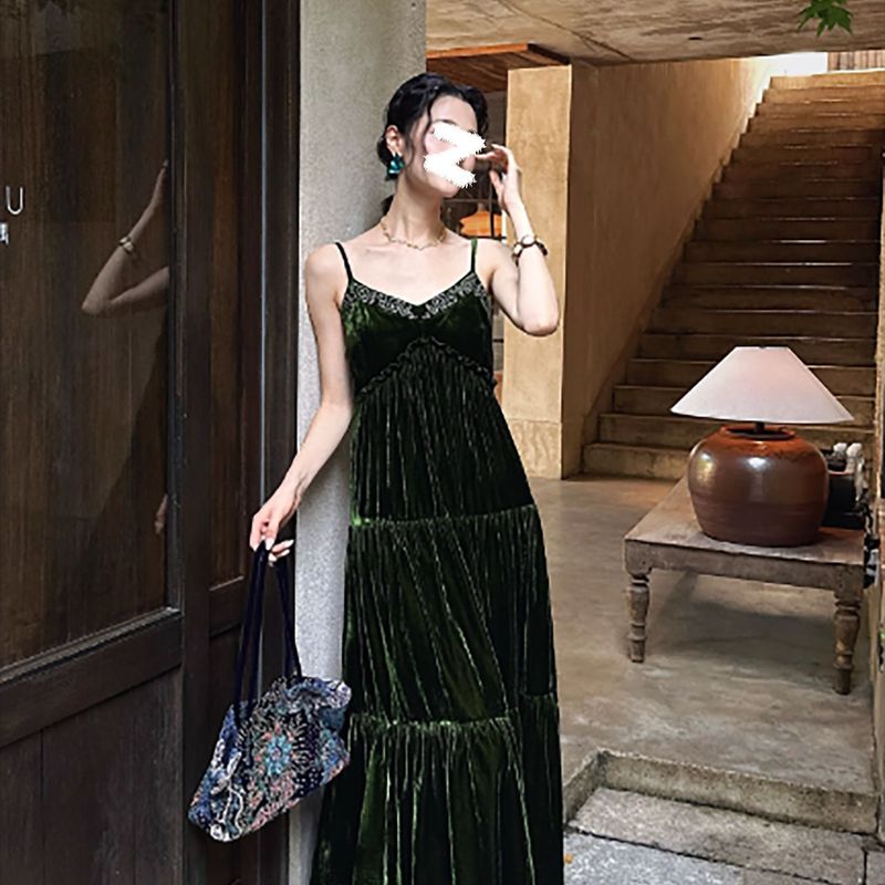 新中式国潮新款吊带裙女秋季时尚绣花层次丝绒宽松连衣裙 N9027|undefined