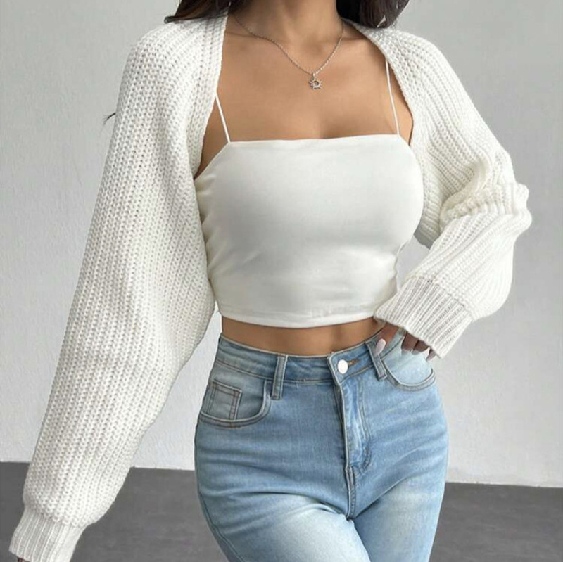 Cross-Border European and American Solid Color Ultra-Short Buttonless Long-Sleeved Sweater Vest Amazon Simple and Versatile Threaded Knitted Cardigan