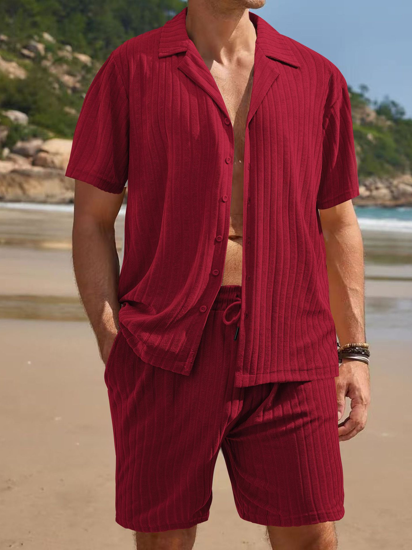 Pantalones de playa de vacaciones de ocio estadounidenses transfronterizos TEMU Amazon rebeca de verano para hombres pantalones cortos de manga corta traje servicio a domicilio