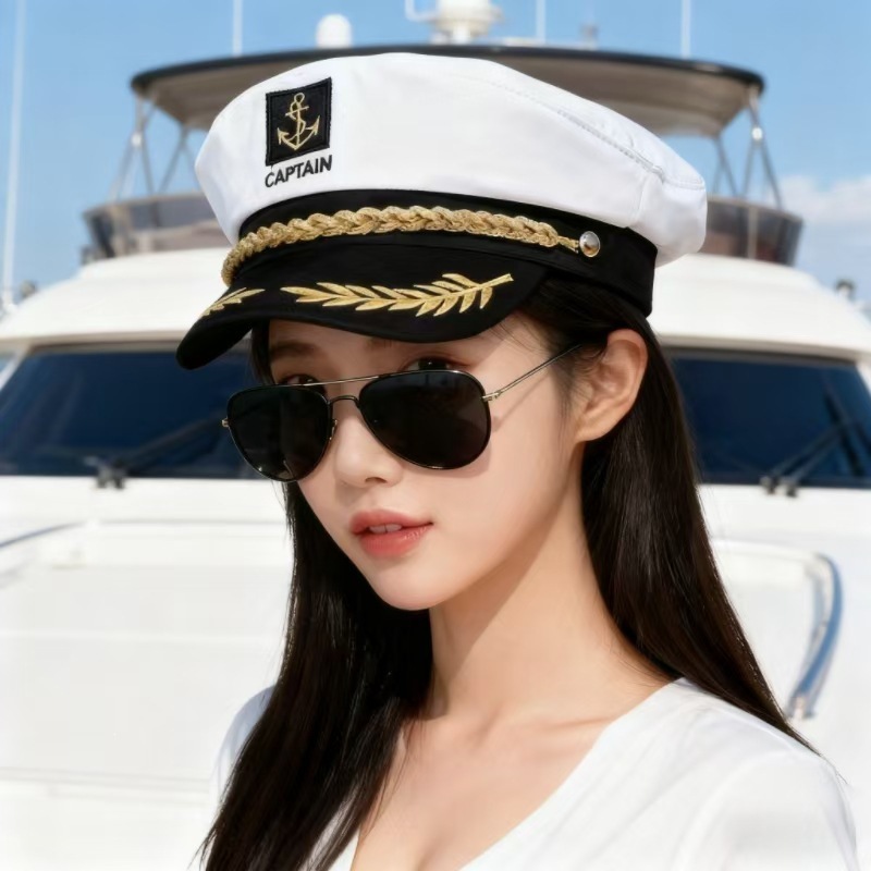 Cross-border embroidered white glasses set, navy cap, summer sun protection hat for women, foreign trade wholesale sailor cap