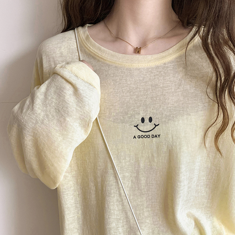 Ropa de protección solar para mujer, camiseta con máscara para el verano 2024, manga larga, estilo coreano, holgada, amarilla, transpirable, para aire acondicionado image 8