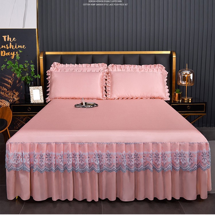 Verano transfronterizo nuevo estilo de seda fresca versión coreana de seda de hielo de color sólido falda de cama de tres piezas al por mayor (lavable a máquina)