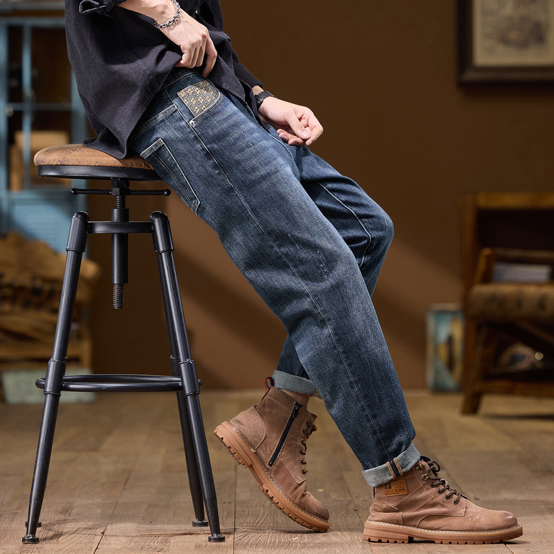 2026 American-Style Spring Denim Men's Pocket Print Trendy Brand Loose Casual Long Pants Workwear Slightly Loose Harem Pants