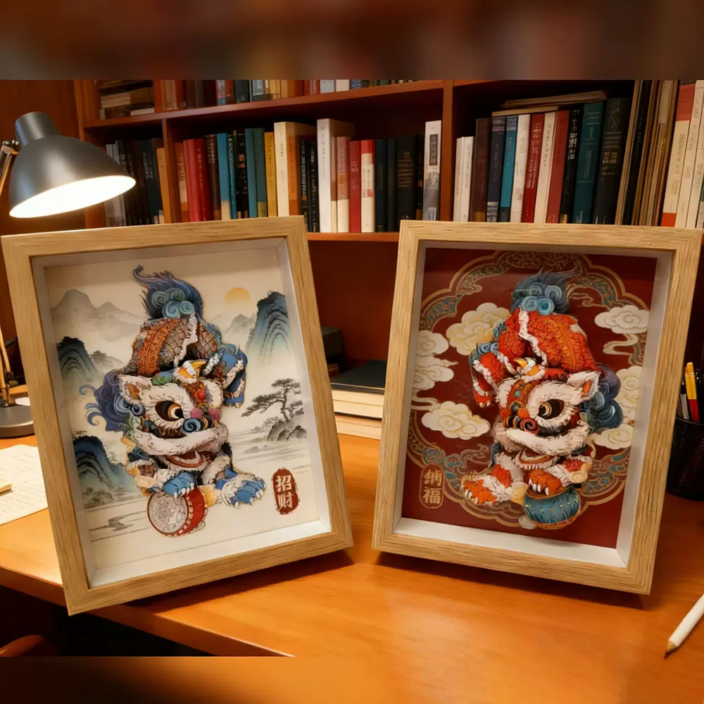 立体年货醒狮相框摆台马年新中式diy摆件家居办公室木质新春摆件