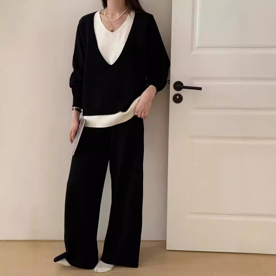 Damenbekleidung Herbst neuer Retro-Zweiteiler mit V-Ausschnitt, modischer Strickpullover, Oberteil mit lockerer Hose mit weitem Bein, lässiger zweiteiliger Anzug für Frauen_voghion.com