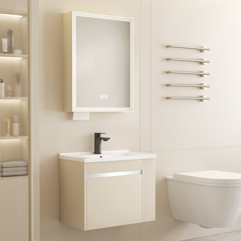 Cuenca cerámica integrada de almacenamiento lateral tipo casa pequeña con aire de crema gabinete de baño de madera maciza lavabo de baño combinación
