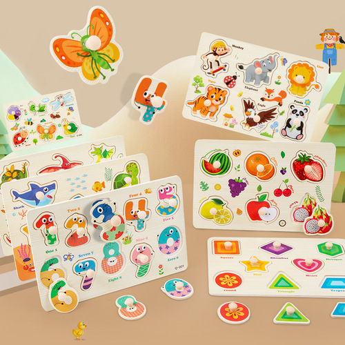 Wooden scratching board matching early education cognitive animal digital traffic puzzle toddlers baby educational toys wholesale