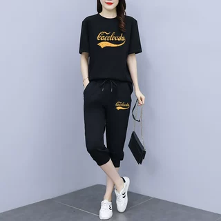 七分套装跑步休闲运动套装女五分裤子短袖夏季韩版宽松时尚两件套