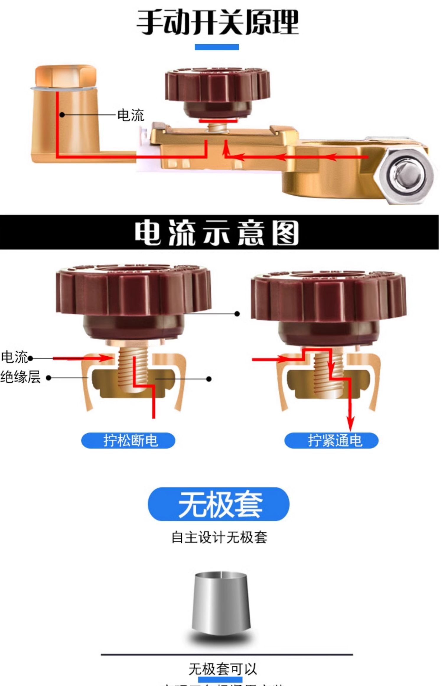 Pure copper car battery power-off switch negative switch positive and negative universal leak-proof electric switch connector clip total brake