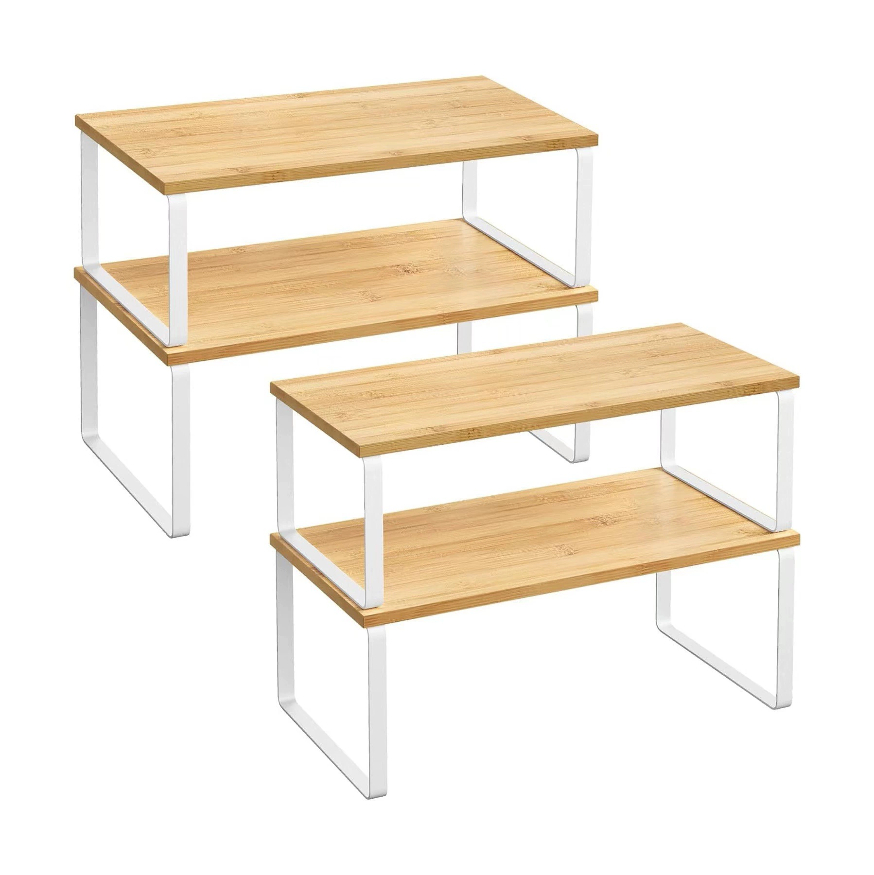 Two-Tier Bamboo Wood Stacking Desktop Storage Shelf with Iron Frame – Multi-Layer Organizer