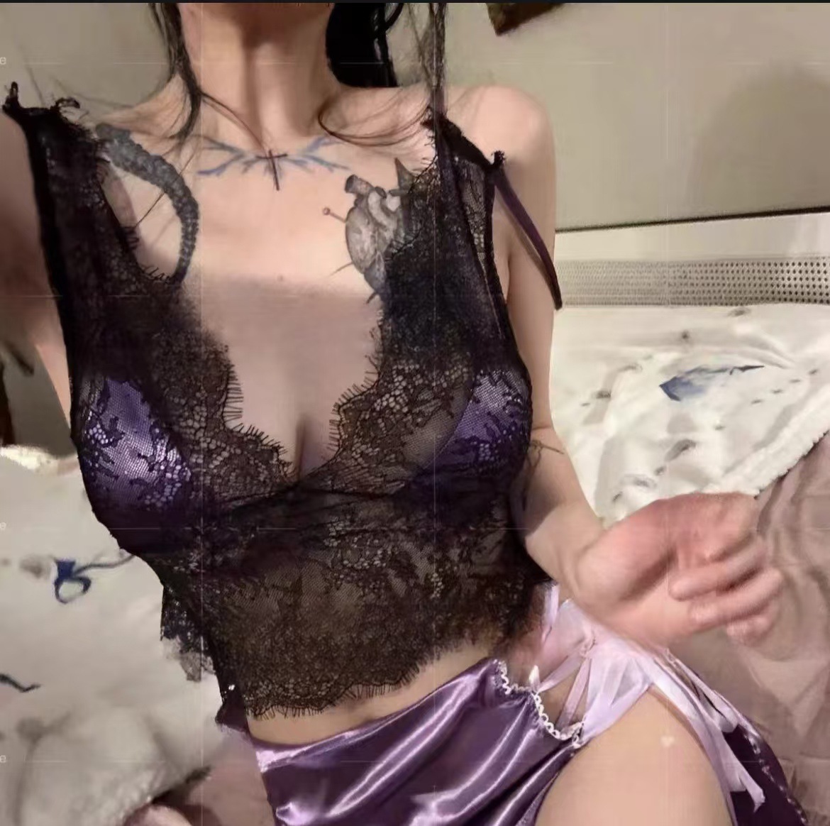 Purple Deep V Mesh Cheongsam-Style Lingerie Set with Top, Skirt and Panty — detail image 2