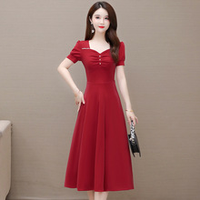 时尚洋气V领红色连衣裙女2024年夏季新款韩版修身气质拼接a字裙