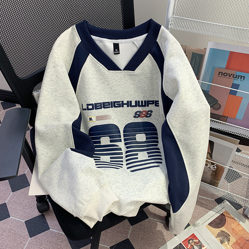 American Retro Trendy Brand V-Neck Sweatshirt for Women, Spring and Autumn Thin Loose Lazy Style Hooded Sports Top with a Sense of Design