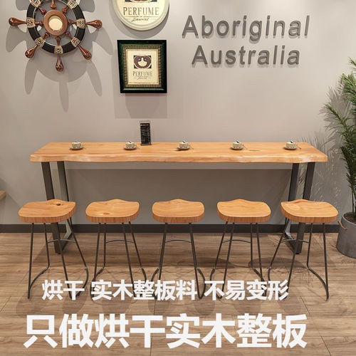 Solid Wood Bar Counter Table and Chairs Against the Wall Long Table Home Use High-Stand Table Commercial Window Bar Table Milk Tea Shop Table and Chair Set