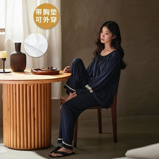 2025年秋季季新款睡衣女带胸垫长袖柔软休闲外穿家居服圆领甜美风