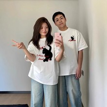 不晚不一样的夏季黑猫情侣装t恤2025新款时尚高级感白灰色纯棉短