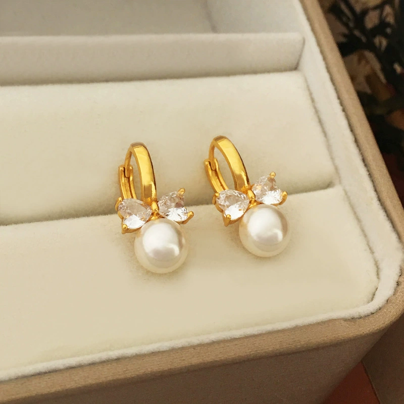 Медная элегантная zirconia с бантом, ретро серьги из жемчуга, французский стиль, стиль легкой роскоши, яркий цепляющий стиль, стиль высокого качества
