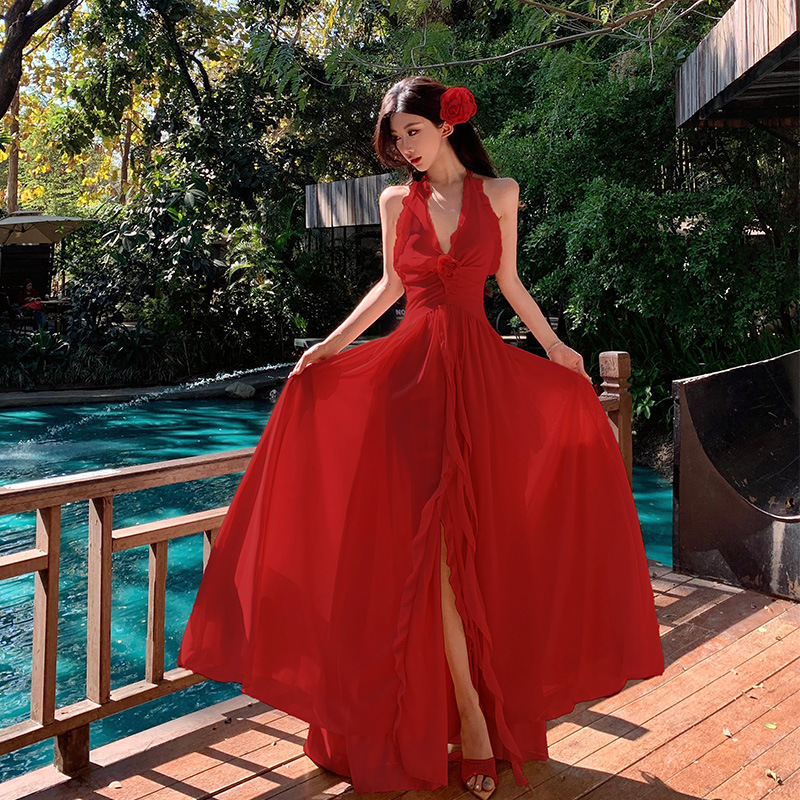 2025 Retro Red Elegant Hanging Neck Exposed dress Back Sunset Dress Seaside Holiday Travel Atmosphere Chiffon Long