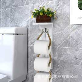 厂家批发木质卷纸置物架实木带麻绳壁挂式墙上收纳架浴室纸巾架