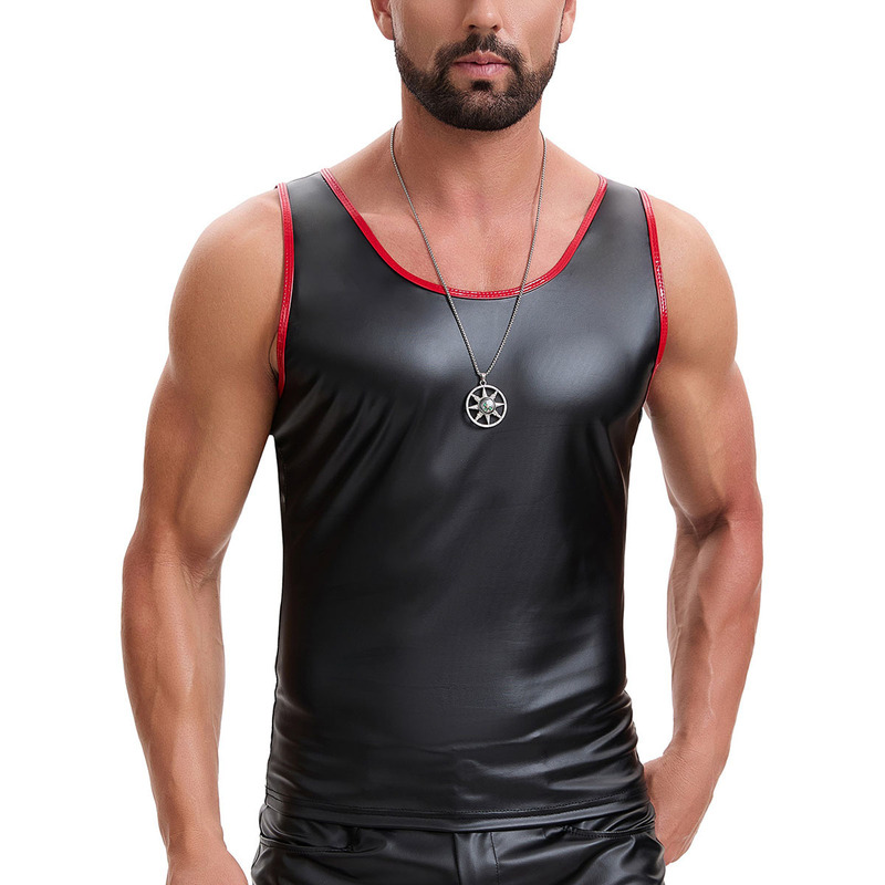Cross-Border European and American Men's Matte Leather Vest with White Trim, Contrasting Color, Stretchy Slim-Fit Sleeveless Top, Punk Street Fashion